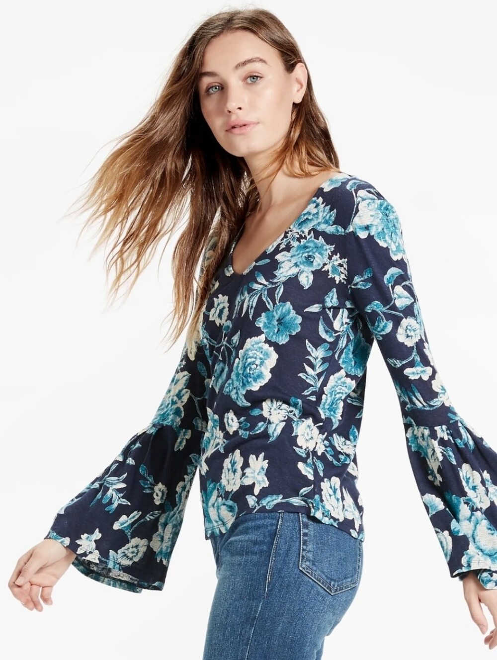 Lucky Brand Navy Floral V-Neck Bell Sleeve Top Size XS